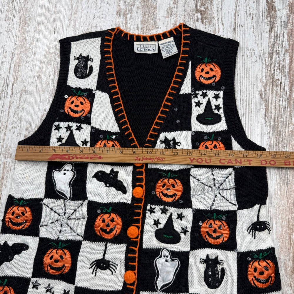 VTG Basic Editions Halloween Sweater Vest Medium Checkered Pumpkin Cat Teacher - Picture 8 of 9